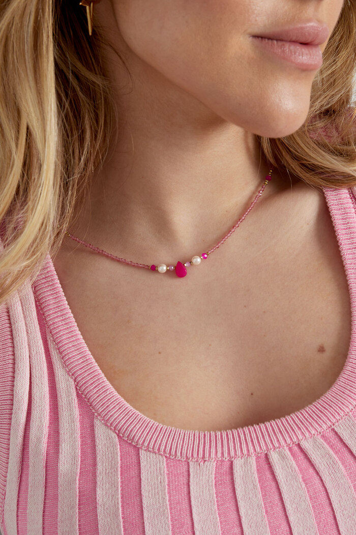 Dünne Perlenkette mit Tropfen - rosa/gold Bild3